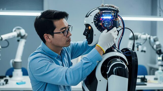 Robotics asian engineer carefully examining humanoid robot in laboratory. Advanced integration of robotics into research and development.