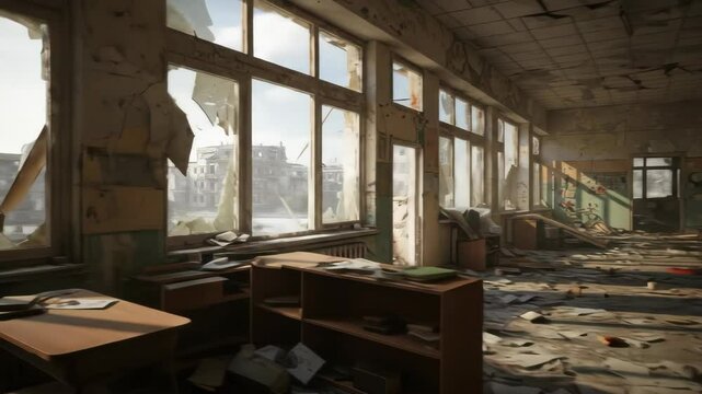 Abandoned School Classroom in Post-War Condition