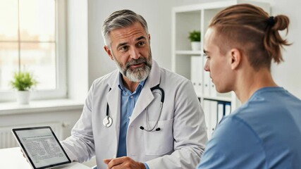 Doctor explaining medical information to attentive patient using digital tablet. - Powered by Adobe