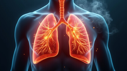Futuristic and artistic 3D rendering of human lungs glowing with fiery light and surrounded by swirling smoke and particles.