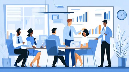 Diverse business team discussing graphs and data on screen in modern office, corporate professionals collaborating on project presentation in blue and white workspace