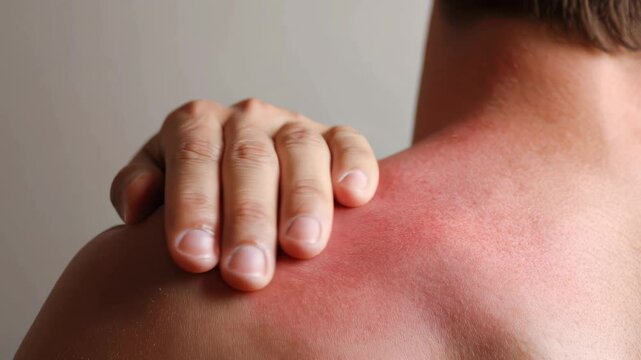 Man touching red irritated shoulder due to burn or skin reaction.