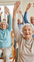 Senior Citizens Group Exercise Arms Raised Beige Sweater