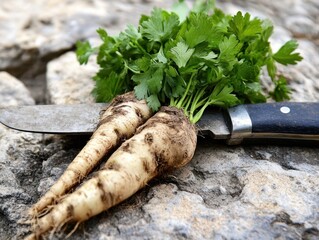 Root parsley on the stone desk with a knife .

