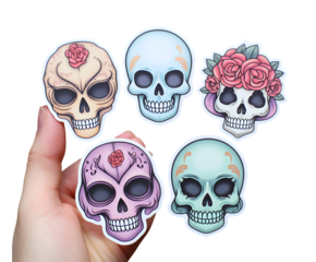 A hand holding five colorful sugar skull stickers with floral and pastel designs on a black background on white background