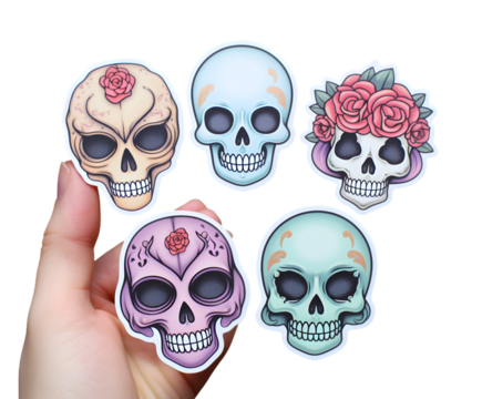 A hand holding five colorful sugar skull stickers with floral and pastel designs on a black background on white background