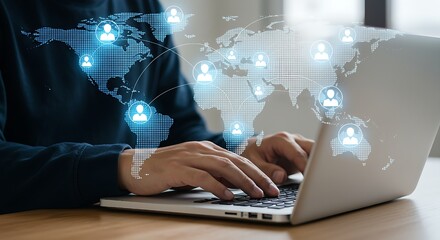 International collaboration network,Global remote collaboration and international teamwork,Modern technology concept with hands typing on a laptop, surrounded by virtual network nodes and a world map.