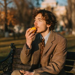 A young man savoring a yellow fruit outdoors. The scene captures a moment of peaceful enjoyment in a park setting