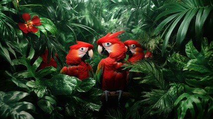 A vivid grouping of macaws perched among vibrant green leaves captures the essence of tropical wildlife, showcasing their bold colors and lush habitat in full splendor.