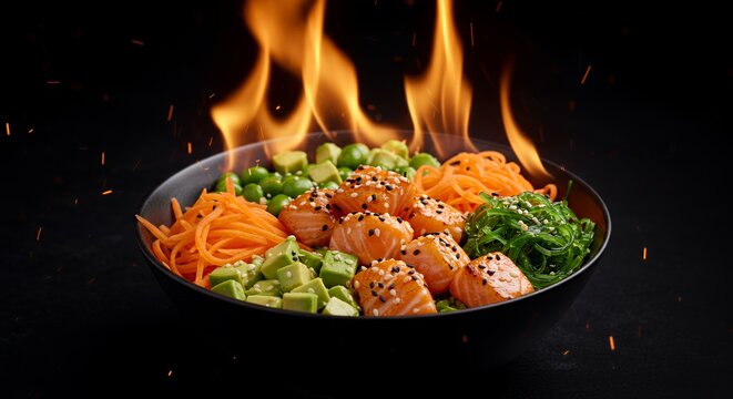 Flaming Salmon Poke Bowl: A fiery feast of fresh flavors.