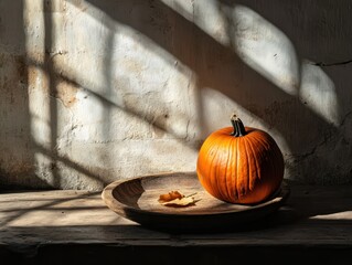 Pumpkin in the nice old room putted on the large wooden plate.