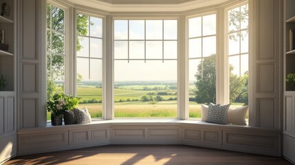 Sunlit Bay Window Overlooking Rolling Green Fields with Floral Arrangement