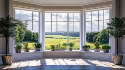 Bright sunlit room with bay window overlooking green fields and potted plants