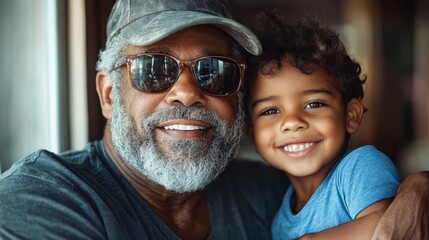 A warm and joyful moment shared between a grandfather and his grandson, both smiling brightly, illustrating the beauty of family bonds and the joy of childhood memories.