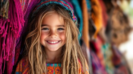 Fototapeta premium A smiling girl with long flowing hair wears a colorful knitted cap while standing in front of vibrant textiles, radiating joy and innocence in a lively atmosphere.