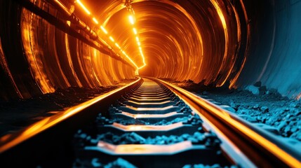 A captivating view of a railway tunnel bathed in orange and blue light creates an intriguing atmosphere, symbolizing mystery and adventure.