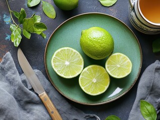 Sliced lime on the green plate with a knife on the side .