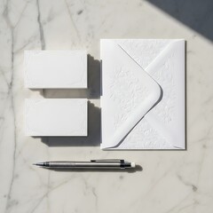 White Stationery Mockup on Marble, Clean Branding Template with Elegant Details
