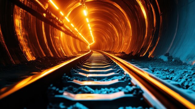A captivating view of a railway tunnel bathed in orange and blue light creates an intriguing atmosphere, symbolizing mystery and adventure.