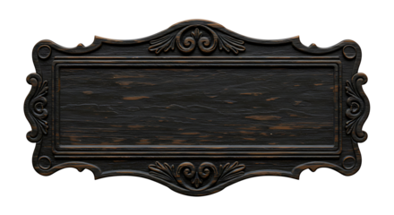 Ornate wooden banner with an antique design, featuring intricate carvings and a dark wood grain for a rustic, vintage aesthetic.