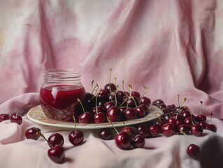 Cherry juice in the glass and cherries on the plate .