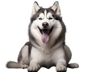 Fototapeta premium A smiling husky with its tongue out sitting down against a black background looking at the camera on white background
