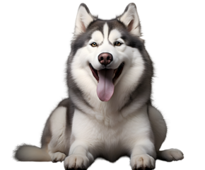 A smiling husky with its tongue out sitting down against a black background looking at the camera on white background