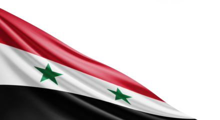 Syrian flag draped in a corner on a white background.