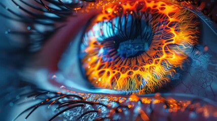 An intricate close-up of a vibrant eye displaying fiery patterns, capturing the viewer's attention with its captivating detail and rich, warm color palette.