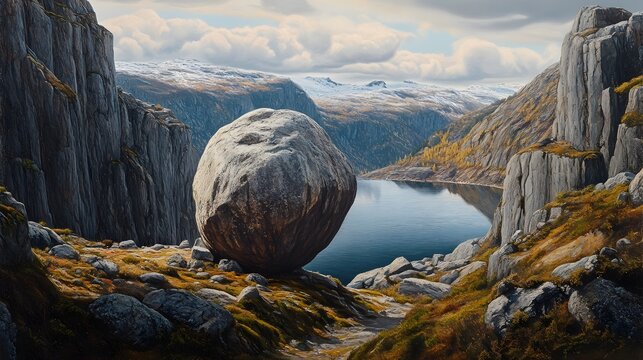 Panoramic view of the dramatic Kjeragbolten boulder wedged between cliffs over the fjord