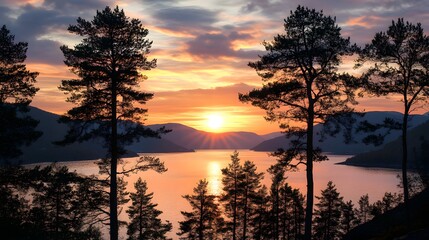 Obraz premium Broad shot of the sunset over the fjord with silhouettes of pine trees in Nordland county, Norway