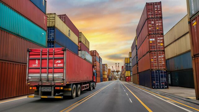 Cargo truck driving through shipping containers in an industrial logistics zone during sunset.