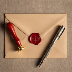 Vintage Wax Sealed Envelope with Ornate Pen, Traditional Correspondence and Official Documents