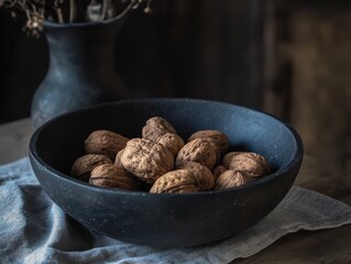 A lot of walnuts in the black bowl.