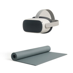 Virtual Reality Yoga Session: A modern VR headset and rolled yoga mat. Representing the fusion of technology with mindfulness for a unique experience