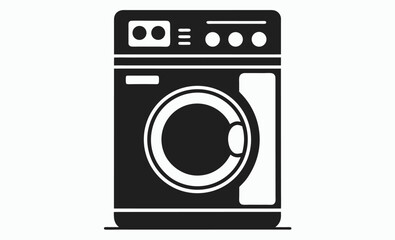 Fototapeta premium Washing machine silhouette, laundry icon with clothes, black vector appliance illustration