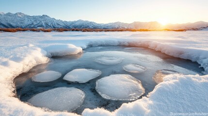 A serene winter landscape reveals crystalline ice patterns in a pond, fringed by snow, promising tranquility and the majestic beauty of a mountainous vista.
