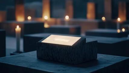A somber and quiet scene in a memorial garden, with multiple votive candles illuminating the space. The setting conveys a sense of remembrance and reflection.