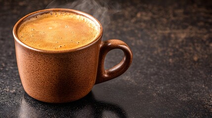 Steaming Hot Espresso Coffee in Brown Mug