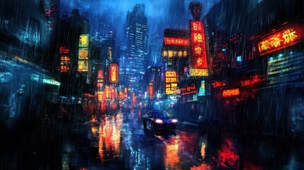 Obraz premium Rain-swept city street at night, vibrant neon signs