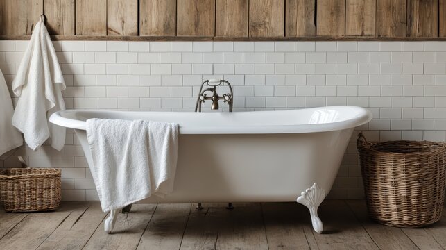 An elegant, vintage-style white bathtub sits in a rustic bathroom surrounded by wooden walls and natural textures, offering a serene and relaxing atmosphere.