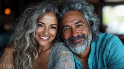 A joyful mature couple smiling and embracing in a warm setting, highlighting the beauty of love and connection in later stages of life through their joyful expressions.