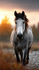Obraz premium Grey horse walks towards the camera during sunset in a scenic landscape with warm colors in the background