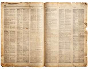 Vintage newspaper texture background with faded text, isolated on transparent background PNG