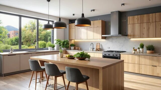 Modern kitchen interior with island and large window illuminating the room.