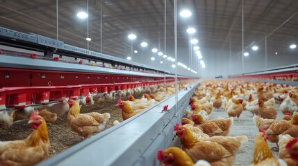 Indoor Chicken Farm with Automated Feeding System and Rows of Hens