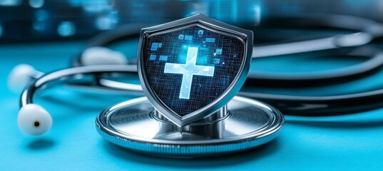 Stethoscope with Digital Shield Symbolizing Data Protection and Health Security in Modern Medicine