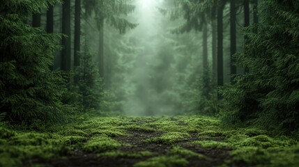 Obraz premium A captivating scene of a misty forest enveloped in lush greenery, evokes a sense of wonder and serenity, inviting exploration and contemplation within nature's realm.