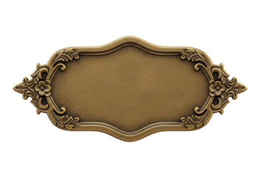 Ornate golden plaque with decorative floral flourishes lends an antique charm and elegance, ideal for signage or display purposes.