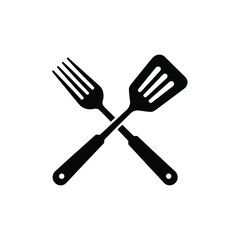 Crossed Fork and Spatula Icon in Black and White Style